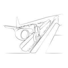 One continuous line drawing on white isolated background. Minimalism linear illustration. person, man, aeroplane, stair, travel, journey, male, plane, aerodrome, flight