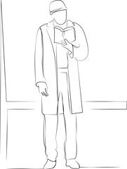One continuous line drawing on white isolated background. Minimalism linear illustration. book, person, man, reading, student, cognition, education, bus, stop, waiting