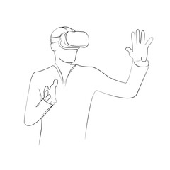 One continuous line drawing on white isolated background. Minimalism linear illustration. goggles, person, man, virtual, reality, headset, technology, digital, innovation, tech