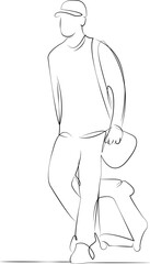 One continuous line drawing on white isolated background. Minimalism linear illustration. baggage, person, man, suitcase, traveler, travel, journey, trip, male, happy