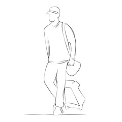 One continuous line drawing on white isolated background. Minimalism linear illustration. baggage, person, man, suitcase, traveler, travel, journey, trip, male, happy