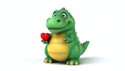 Fototapeta premium Cute Green Cartoon Dinosaur Mascot Holding a Small Red Heart for Valentine's Day on White Background