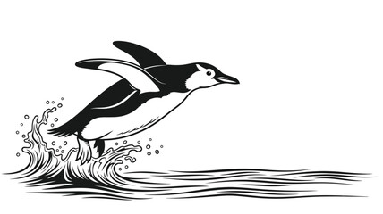 a penguin leaping from the water with splashes a striking monochrome silhouette © PAKE