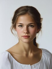 Portrait of a young woman with shoulder-length blonde hair. she is wearing a white blouse with a round neckline and short sleeves.