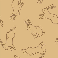 Outline rabbits beige pattern. Doodle seamless vector print with cute bunnies.
