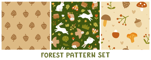 Cartoon forest patterns set. Doodle seamless prints collection.