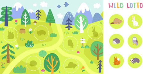 Forest animals lotto mini game. Doodle valley with cute wild animals.