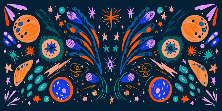 A vibrant colorful illustration of planets stars and abstract cosmic elements
