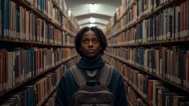 Standing student wearing dark sweater reflecting, shifting gaze at overhead lights in narrow stacks
