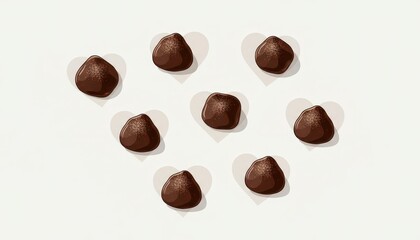 Fototapeta premium Gourmet Dark Chocolate Truffles with Heart Silhouettes on a Minimalist White Background