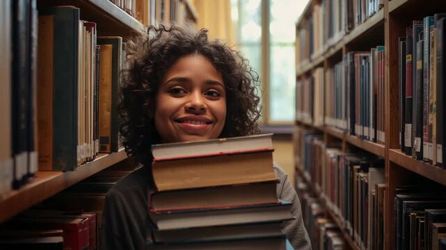Having gathered six books, Black student adjusting grip and preparing to move along library shelves