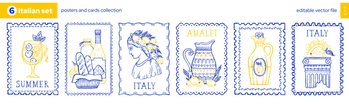 Italian summer stamp. Mediterranean Italy postage frame with lemon, wine, beach, sea food. Coastal vacation Amalfi vintage beach pattern. Doodle hand drawn Italian stamp bg. Mediterranean sea frame