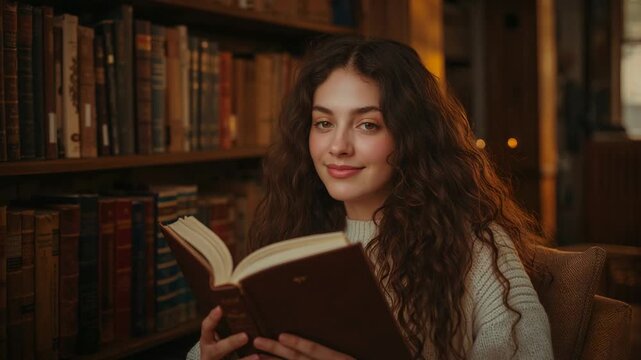 Opening hardback book, woman studying looking down, pausing, looking up in study armchair, knit top