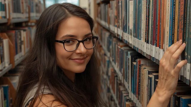 Searching for book, woman with glasses and bag strap, sleeveless top reaching for spine in library