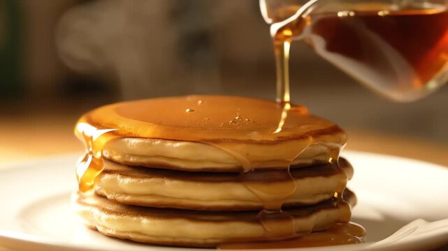 Syrup being poured over a stack of pancakes on a white plate with a warm and inviting breakfast scene