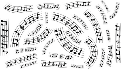 Obraz premium A collection of black musical notes and staves arranged in various curved and straight lines on a white background.