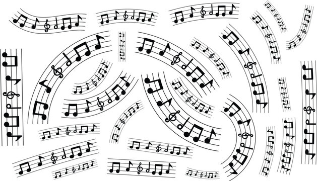 A collection of black musical notes and staves arranged in various curved and straight lines on a white background.