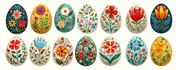 Flat vector Easter icons set decorated with folk floral patterns 32k ultra HD