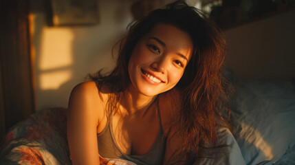 A beautiful young Asian woman smiling warmly in bed, bathed in golden morning sunlight.