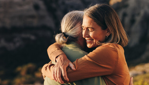 Two people embracing at sunset, symbolizing natural connection and togetherness, captured in a heartwarming moment