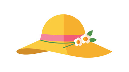 A simple and elegant flat vector icon of a yellow summer sun hat decorated with a pink ribbon and a few small white flowers.