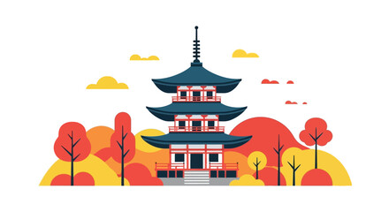 Fototapeta premium Autumn Landscape of a Traditional Pagoda Temple in Bright Colors.