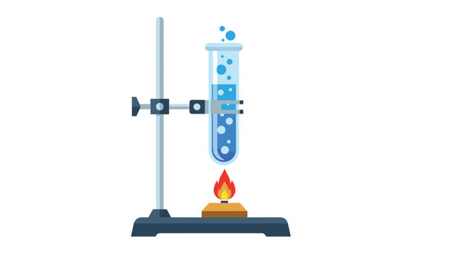 A flat design vector illustration of a science experiment with a test tube being heated by a bunsen burner on a stand.