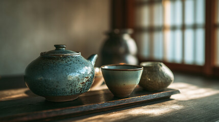 A serene tea ceremony setting with a ceramic teapot and cups on a wooden tray, bathed in soft, warm sunlight.