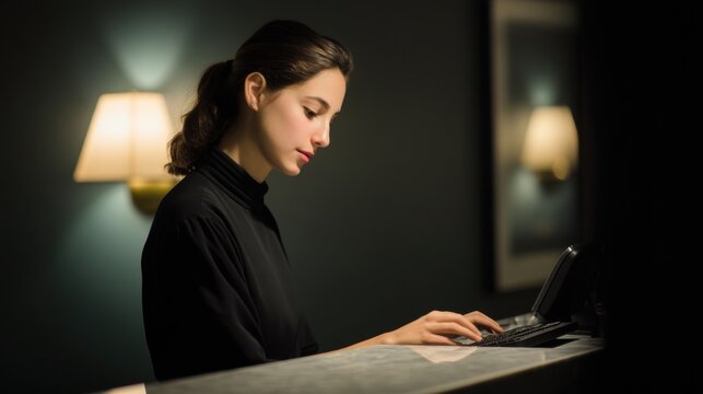Young woman sitting at a desk in a dark room. she is wearing a black blouse and her hair is pulled back in a ponytail. the desk is made of wood and has a laptop on it.