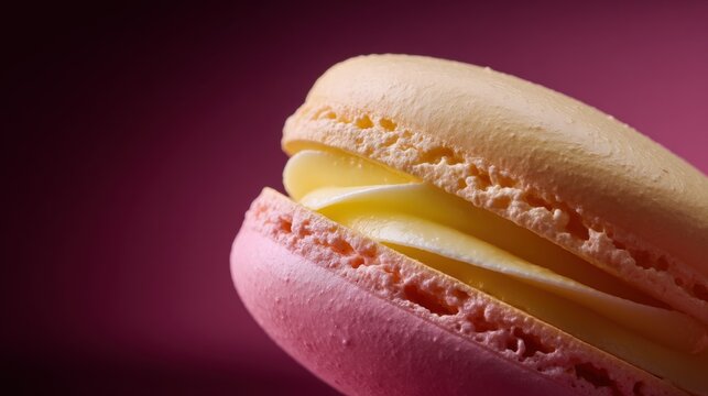Close-up of a pink macaron with a yellow filling. the macaron is in focus, while the background is blurred, making the macaron the focal point of the image.