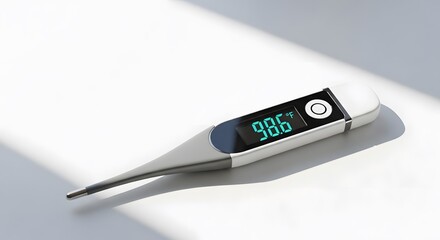 digital thermometer, showing a healthy temperature, lies on a clean white surface. It symbolizes health monitoring, medical technology, and the importance of personal well-being