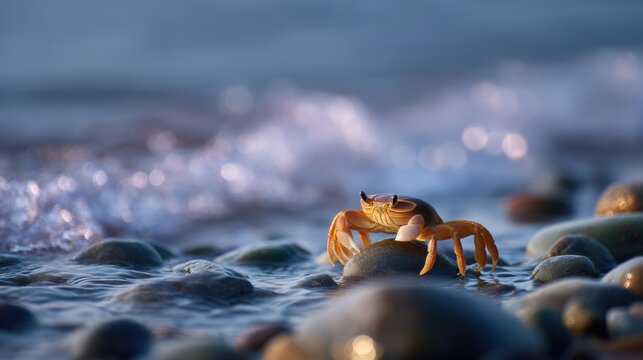 Close-up of a small orange crab on a rocky beach. the crab is facing towards the right side of the image and appears to be walking on the rocks.