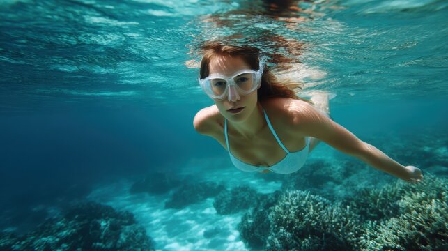 Young woman snorkeling in the ocean. she is wearing a white bikini and white goggles, and her hair is blowing in the wind.