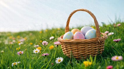 Fototapeta premium easter eggs in a basket. A sunny spring day