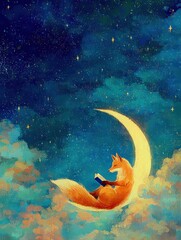 Obraz premium Fox Read Book on Crescent Moon in Cloudy Night Sky Dreamy Fantasy Art