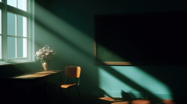 Room with a large window on the left side and a wooden desk on the right side. the walls are painted in a dark green color and the floor is made of light-colored wood.