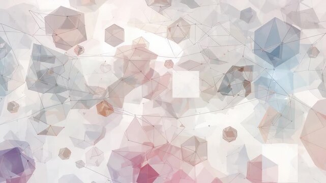Starting animation loop, centered cluster drifting outward as looping pastel polyhedra background