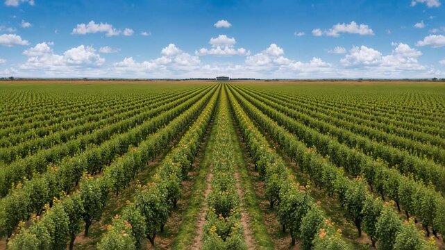 Launching drone surveying orchard along central aisle showing parallel rows soil paths distant barn