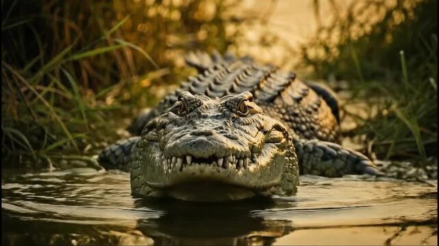 Crocodile emerging from water: intense approach sequence in golden light