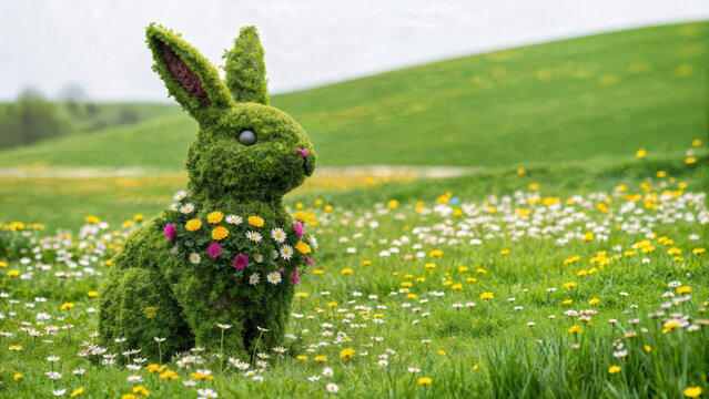 easter bunny in grass. Easter bunny sculpture made from plants. 