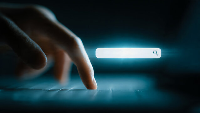 Champ de recherche vide a compl&eacute;ter sur &eacute;cran avec  doigt et main, concept de recherche sur le web, mockup
