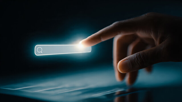 Champ de recherche vide a compl&eacute;ter sur &eacute;cran avec  doigt et main, concept de recherche sur le web, mockup