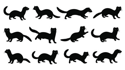 Detailed Collection of Weasel and Ferret Silhouettes, Illustrating Various Walking and Posing Movements, Perfect for Nature, Wildlife, Animal, and Hunting Design Concepts.