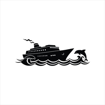 Silhouette of a cruise ship traveling on waves with a jumping dolphin