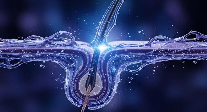 microscopic view of hair follicle with glowing treatment essence