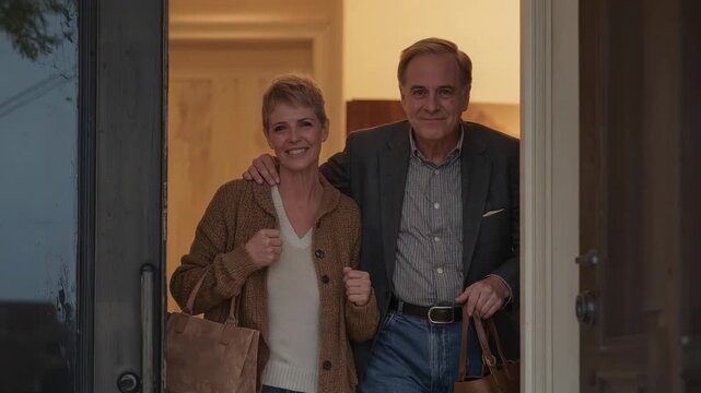 Smiling woman looking at man, couple leaving at front door, holding tan tote and leather bag