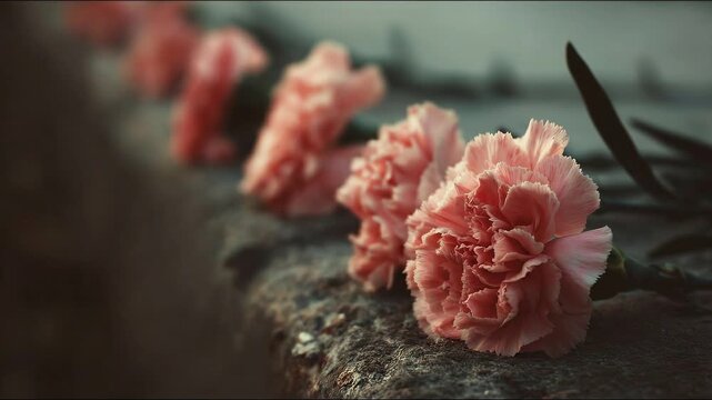 Eternal Elegance: Soft focus of delicate pink carnations arranged along a weathered stone ledge, bathed in soft, natural light, creating a poignant and serene scene.