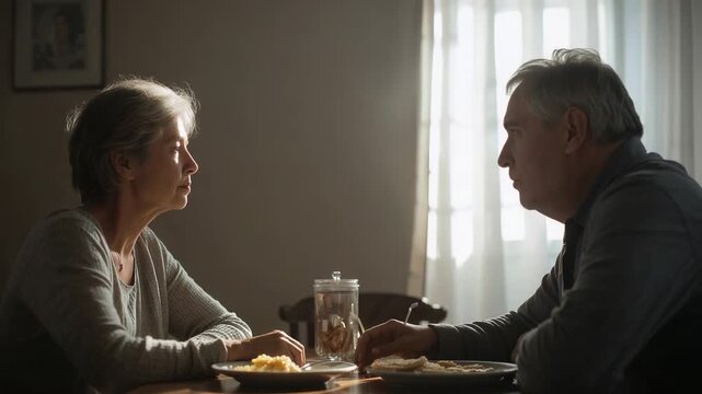 Speaking woman in cardigan starting talk about plans with partner at home table, plates, cookie jar