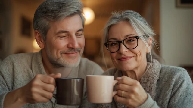 Holding mugs, seniors in sweaters sharing loving gaze at home as camera starting, glasses, ring