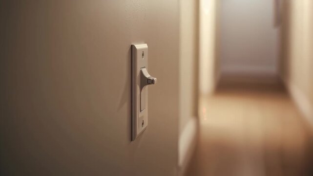 Adjusting camera capturing dimmer switch changing focus along home hallway to document, copy space
